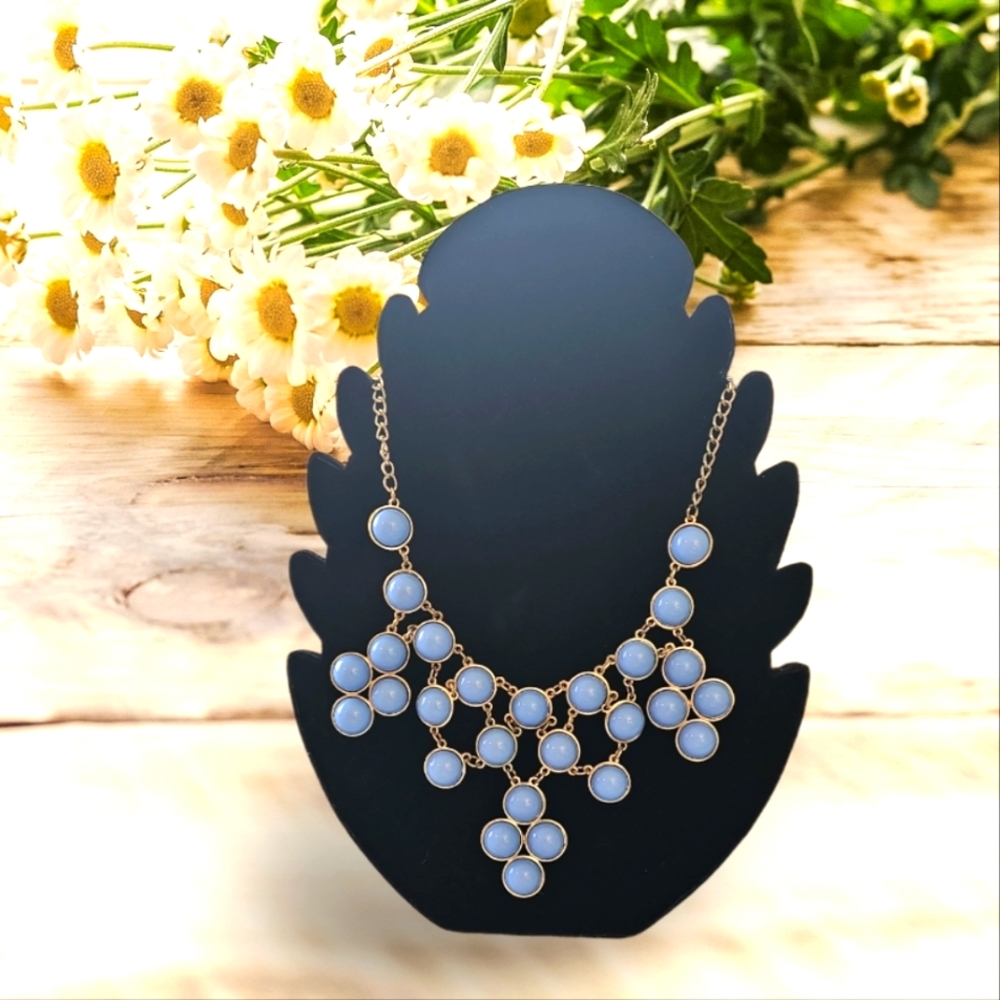 Goldtone Cerulean Blue Color Bib Statement Adjustable Necklace.